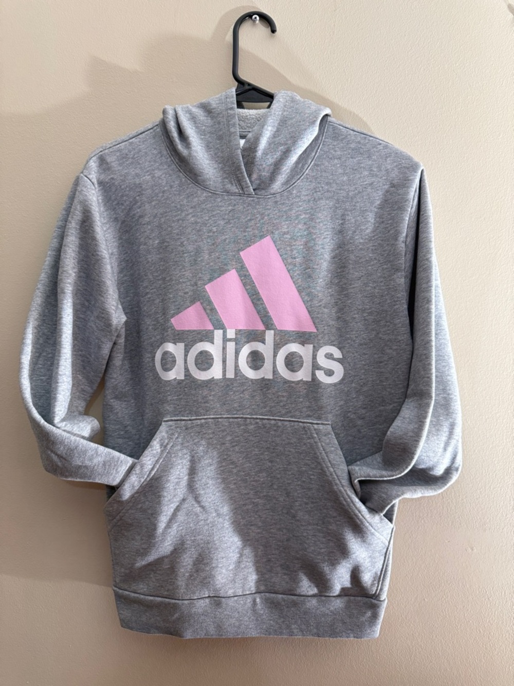 Adidas Logo Hoodie Gray Pink Girls Size Large 14 Pullover Sweatshirt